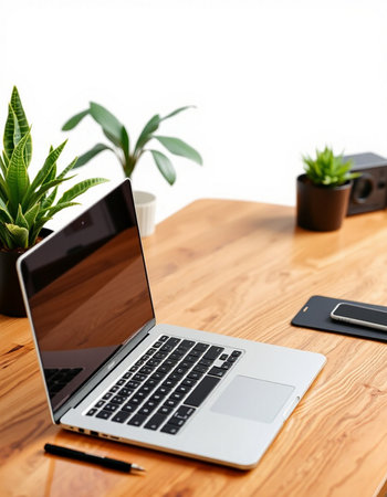 Laptop on a wooden table with a plant in the background.の写真素材