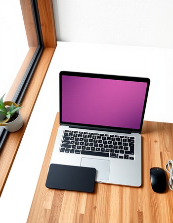 Laptop on wooden desk with blank screen. 3d rendering.