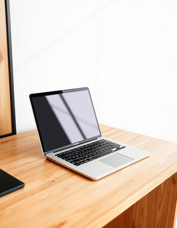 Laptop on a wooden table in a modern room with a white wall