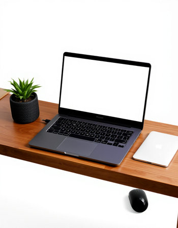 Laptop computer with blank screen on wooden desk isolated on white background