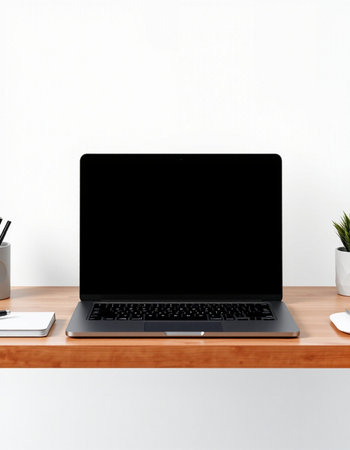 Laptop with blank screen on a wooden table. 3d renderingの写真素材