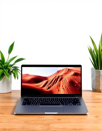 Laptop on wooden table with white wall background and green plant.の写真素材