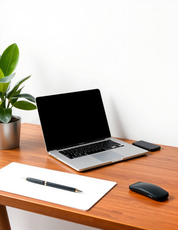 Laptop with blank screen on wood table and white wall background.の写真素材