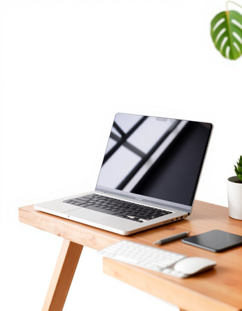 Laptop on wooden table with white wall and plant in the backgroundの写真素材