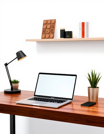 Laptop with blank screen on wooden desk in office, 3d renderの写真素材