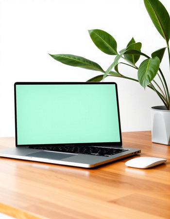 Laptop with green screen on wooden table and white wall background.の写真素材