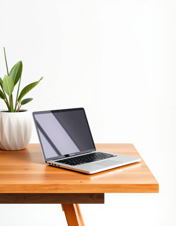 Laptop computer on wooden table and white wall background, stock photoの写真素材