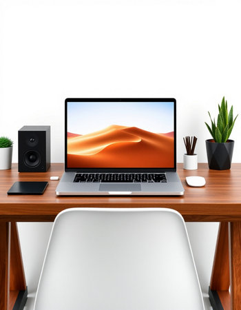 Modern workspace with computer laptop, mobile phone and coffee cup on wooden table. 3d render