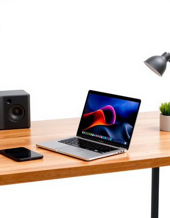 Modern workspace with laptop, smartphone and speaker. 3d render.