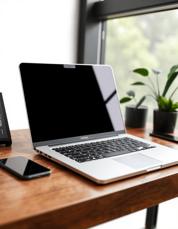 Laptop and smartphone on a wooden table in a home office.