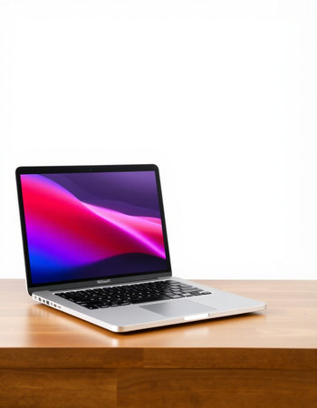 Laptop on wooden table over white background. 3d rendering.