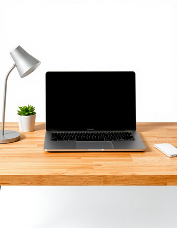 Laptop on a wooden table with a lamp. 3d rendering