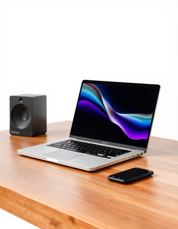 laptop and speaker on a wooden table. 3d rendering.