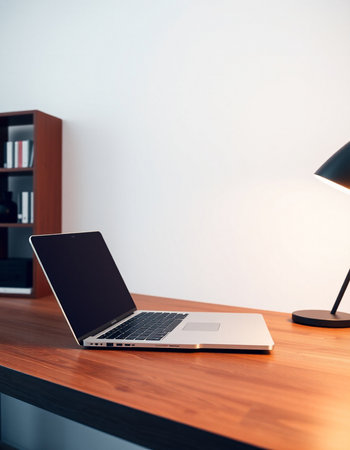 Laptop on a wooden table in a modern office. 3d renderingの写真素材