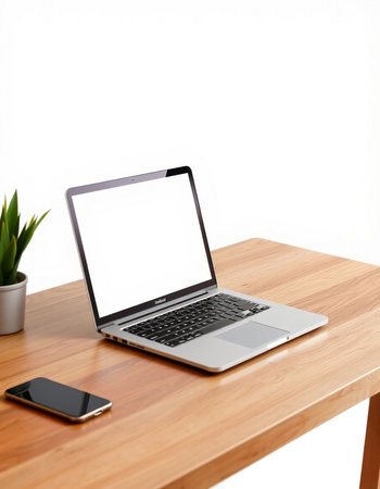 Laptop with blank screen on a wooden table. White background.