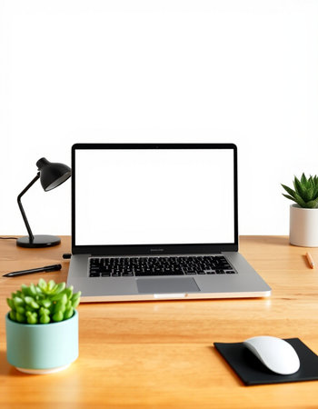 Laptop with blank screen on wood table and white wall background.