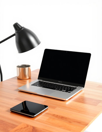 Laptop with black screen on wooden table and lamp on white background