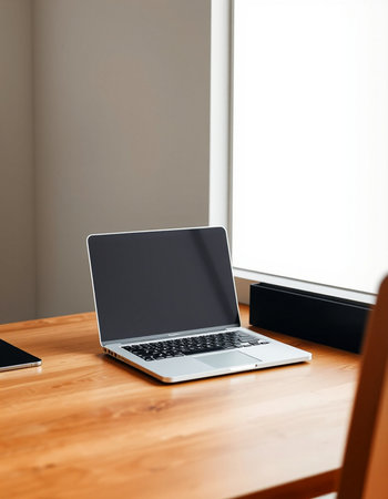 Laptop with blank screen on wooden table in office room, stock photo