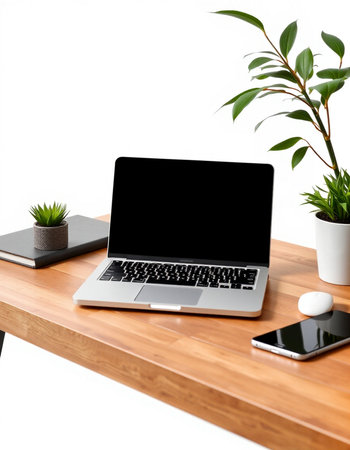 Laptop with blank screen on wooden desk with smartphone and plant.