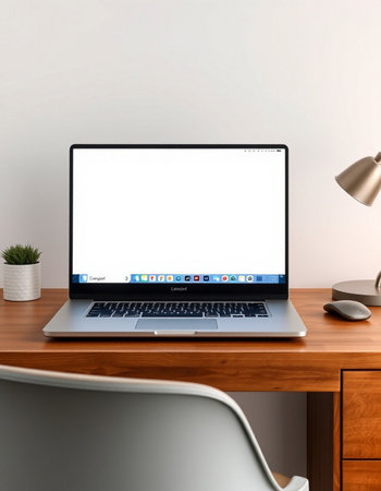 3D rendering laptop on wooden table and white wall background, Workspace
