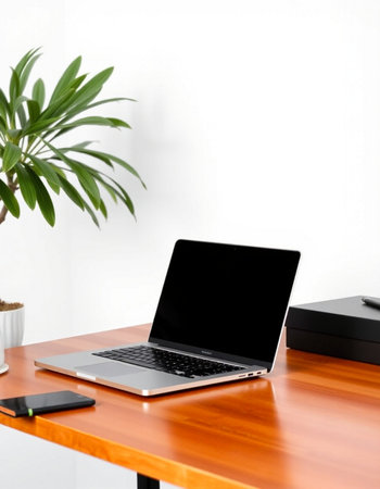 Laptop computer on a wooden table in a modern office with a green plant
