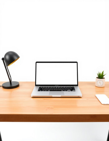 Laptop with blank screen on wooden desk isolated on white background.