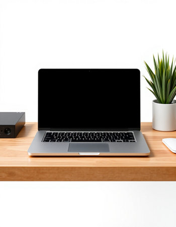 Laptop on wood table with white wall background, Workplace concept