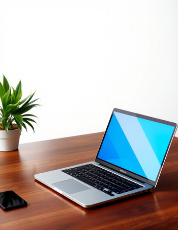 Laptop on a wooden table with a white wall and a plant