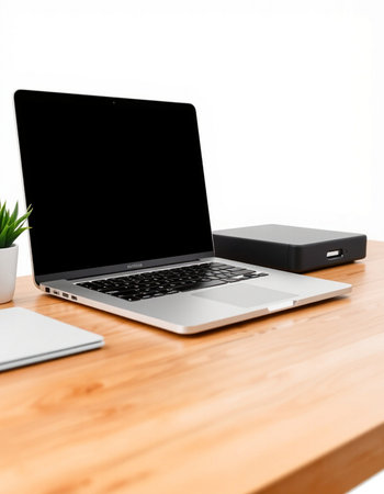 Laptop with blank screen on wooden table. 3d rendering.