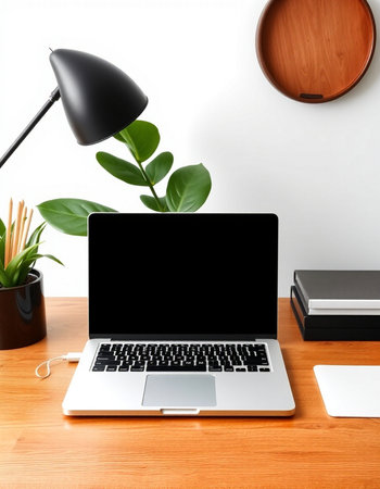 Laptop with blank screen on table in office. Mockup for designの写真素材