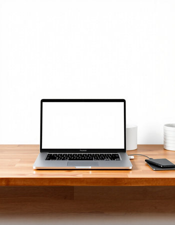 Modern laptop with blank screen on wooden table and white wall background.