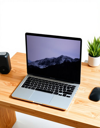 Laptop on a wooden desk with a white wall in the background