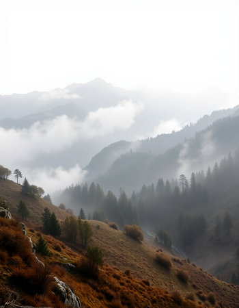 Autumn mountain landscape with fog and coniferous forest on the slope