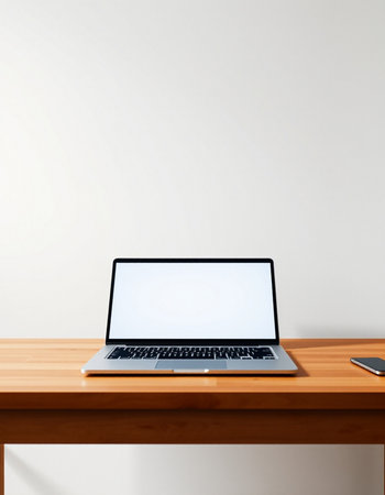 Laptop on a wooden table with a white screen. 3d render