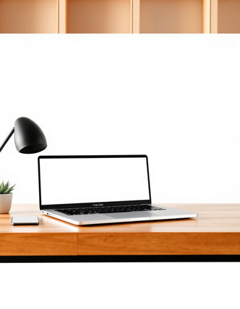 Laptop with blank screen on wooden table. Mock up, 3D Rendering