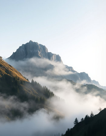 Mountain landscape with fog in the morning. Dolomites, Italyの写真素材