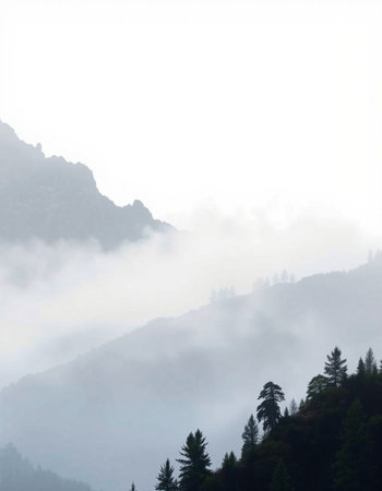 Foggy mountain landscape with fir trees in the foreground and mist in the background