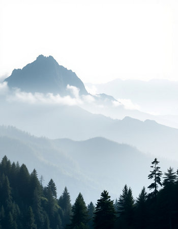 Foggy mountain landscape with coniferous forest in the foregroundの写真素材