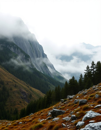 Mountain landscape in Dolomites, Italy. Foggy dayの写真素材