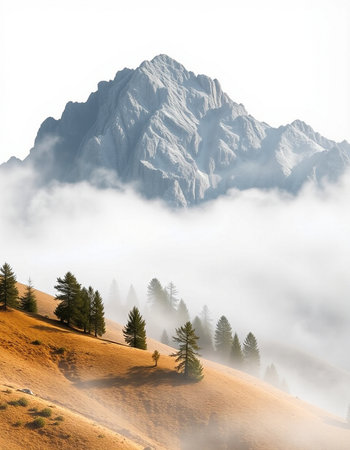 Mountain landscape with coniferous trees in the morning fog.の写真素材