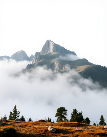 Foggy morning in the mountains of the Dolomites, Italyの写真素材