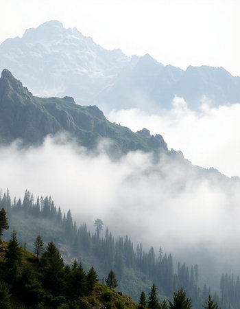 Mountain landscape with clouds and fog. Caucasus Mountains, Georgia.