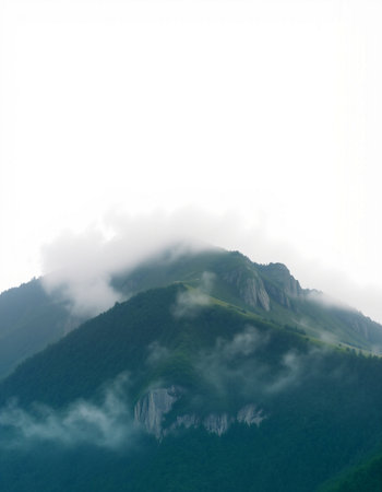 Mountain landscape with fog in the morning, closeup of photo