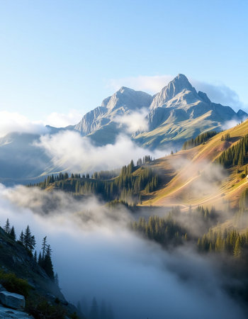 Foggy morning in the alps, Dolomites