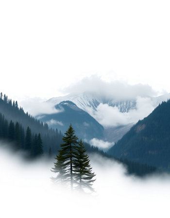 Foggy mountain landscape with a coniferous forest and mountainsの写真素材