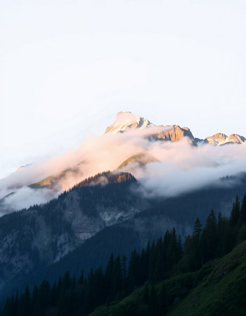 Mountain landscape with fog and clouds, Dolomites, Italyの写真素材