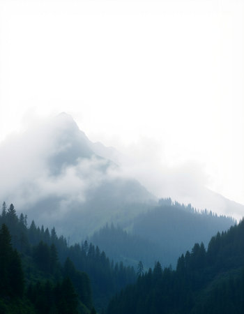 Mountain landscape with fog and coniferous forest in the foreground