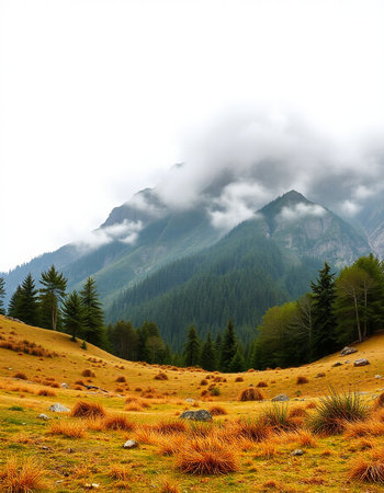 Mountain landscape with coniferous forest on a cloudy day.