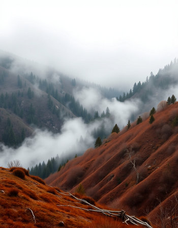 Foggy autumn landscape in the Carpathian Mountains, Ukraine