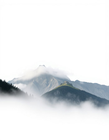 Mountain landscape with clouds and fog isolated on white background.